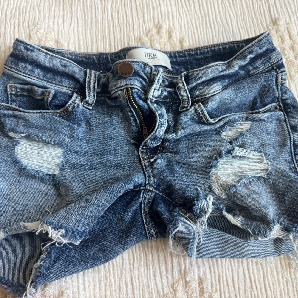 BKE Women's Blue Distressed Jean Shorts